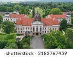 Aerial photo of the Gödöllő Royal Castle. The palace is the favorite summer residence of the Habsburg princess, Empress of Austria and Queen Elizabeth Sissi of Hungary. Hungary Godollo.
