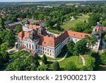 Aerial photo of the Gödöllő Royal Castle. The palace is the favorite summer residence of the Habsburg princess, Empress of Austria and Queen Elizabeth Sissi of Hungary. Hungary Godollo.