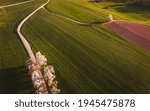 An aerial photo of a rural area on the outskirts of Ljubljana, Slovenia, taken on a DJI Mavic Air during golden hour, right before sunset, on a spring day.