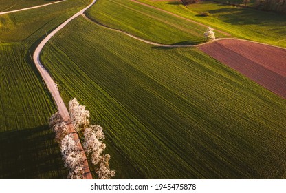 An aerial photo of a rural area on the outskirts of Ljubljana, Slovenia, taken on a DJI Mavic Air during golden hour, right before sunset, on a spring day.