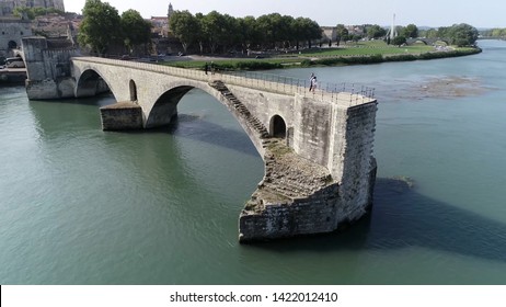 Aerial Photo Of Saint Bénézet Also Known As The Pont D'Avignon Is A Famous Medieval Bridge Over The Rhone In The Town Of Avignon In Southern France And A Popular Tourist Attraction