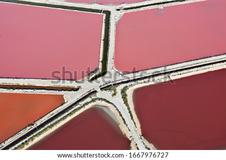 Aerial photo of the salt marshes of Aigues-Mortes, in the Gard department, Occitanie region in the south of France