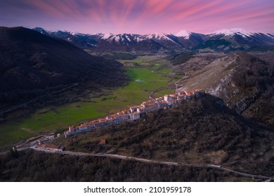 aerial photo at sunset of the town of opi abruzzo