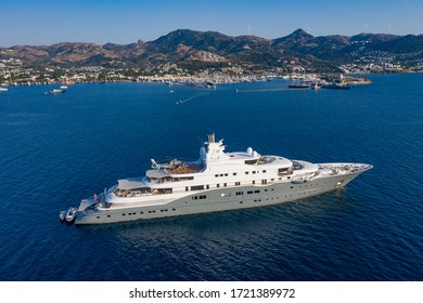 Aerial Photo Of Super Mega Luxury Yacht In Blue Sea And Marina