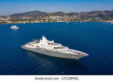 Aerial Photo Of Super Mega Luxury Yacht In Blue Sea And Marina