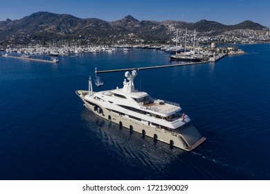 Aerial Photo Of Super Mega Luxury Yacht In Blue Sea And Marina