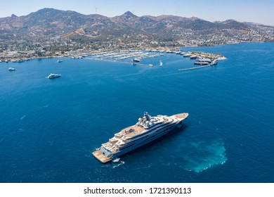 Aerial Photo Of Super Mega Luxury Yacht In Blue Sea And Marina