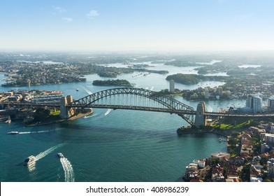 Aerial Photo Of Sydney CBD, The Rocks, Parramatta, North Sydney And Harbour Bridge. Sydney Iconic Harbour Bridge And Suburbs. Bird's Eye View From Above On Sydney Harbour