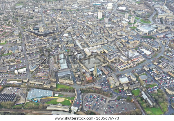 Aerial photo of\
the town centre of Blackledge in Halifax in Calderdale West\
Yorkshire in the UK showing the historic Piece Hall, museums and\
busy main roads in the town\
centre.