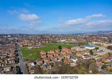 Aerial Photo Of The Town Of Kirkstall In Leeds West Yorkshire In The UK, Showing A Drone View Of The Village With Rows Of Suburban Houses And Roads 