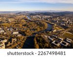 An aerial photo of the Willamette river and Eugene Oregon 