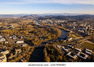 An aerial photo of the Willamette river and Eugene Oregon 