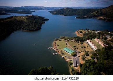 Aerial photograph of the Caconde SP dam. Inland city of São Paulo, Brazil. 2022
