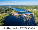 Aerial photograph of the Chippewa River Damn with Lake Wissota in the distance in Chippewa Falls Wisconsin