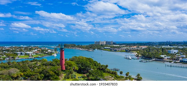 Aerial photograph from a drone shot above the Jupiter Island Lighthouse in Palm Beach County Florida