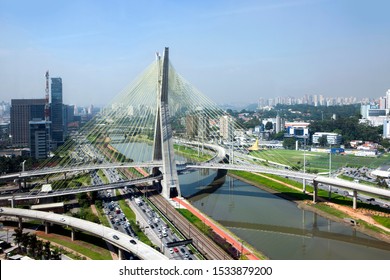 aerial photograph of Estaiada Bridge in Sao Paulo city, Brazil