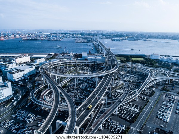 Aerial photograph of Gulf area and Rainbow Bridge.\
Sea and blue sky.