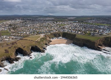 Aerial photograph of Lusty Glaze Beach, Near Newquay, Cornwall, England - Shutterstock ID 1944506365