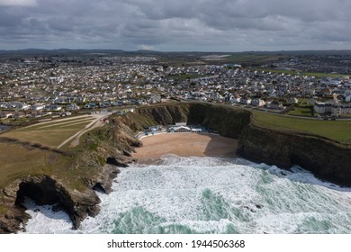 Aerial photograph of Lusty Glaze Beach, Near Newquay, Cornwall, England - Shutterstock ID 1944506368