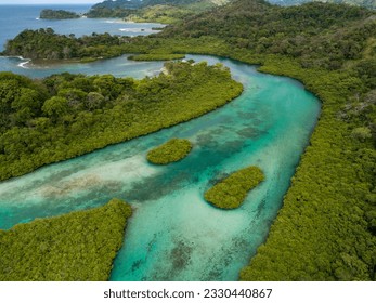Aerial photograph of mangroves and sandbars along Venas Azules area, Portobelo, Panama - stock photo