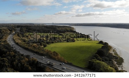 Aerial photograph of the River Orwell Bridge in Ipswich, Suffolk, United Kingdom, a box girder bridge which connects the A14 road between Wherstead and Orwell Country Park near the docklands
