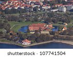 Aerial photograph of swedish town of Landskrona and its citadel, from the 1600s.