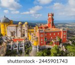 Aerial photographs. View from a flying drone. Pena Palace in Sintra. Lisbon, Portugal. A famous landmark. Top View.