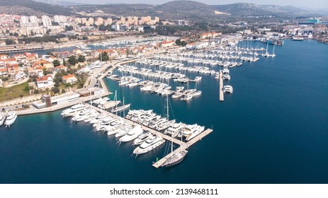 Aerial photography of beautiful D-Marin Marina Mandalina in Sibenik, main marina in the town. Modern port for sailing yachts, catamarans and motor yachts