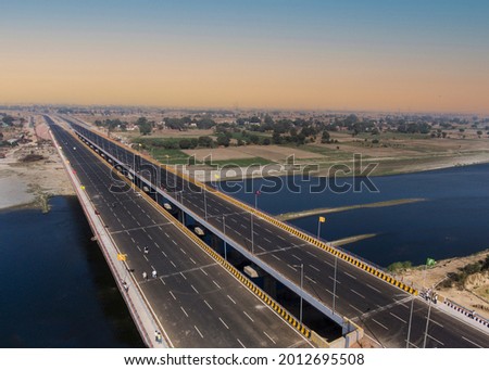 Aerial photography bird-eye view of Lucknow Agra new expressway and bridge and river Yamuna in Agra city of north INDIA