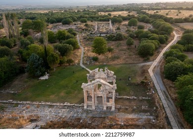 Aerial Photography, Drone Photo From Top View Of Ancient City Aphrodisias Archeological Ruins Travel Destination