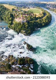 Aerial photography with drone of Rhine Falls with Schloss Laufen castle, Switzerland. Rhine Falls is the largest waterfalls in Europe