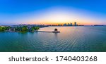 Aerial photography of Lake Pavilion at Jinji Lake in Suzhou City, Jiangsu Province, China