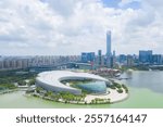 Aerial photography of modern urban scenery along the east shore of Jinji Lake in Suzhou