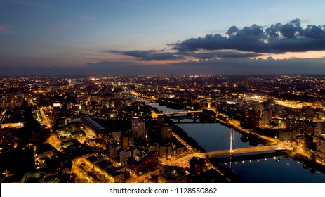 Aerial Photography Of Nantes City At Night, Loire Atlantique