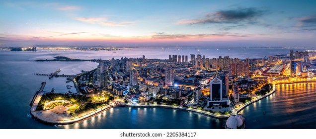 Aerial Photography Of Qingdao Coastline Bay Area Scenery Night S