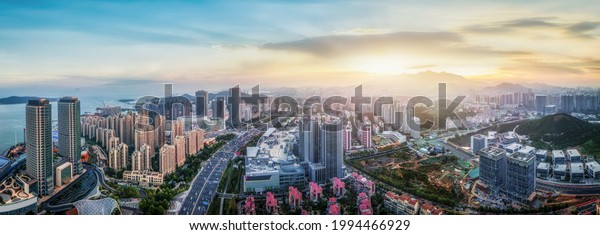Aerial photography of Qingdao west coast city\
architecture lands