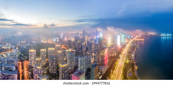 Aerial Photography Of Qingdao's West Coast City Buildings At Night