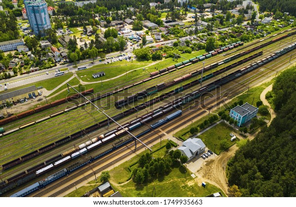 aerial photography of railway\
tracks and cars.Top view of cars and\
Railways.Minsk.Belarus