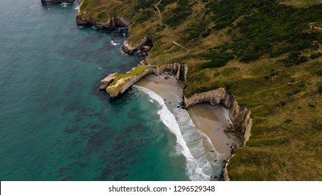 Aerial Photography Of Tunnel Beach In New Zealand, DUNEDIN, NEW ZEALAND Tunnel Beach, Dunedin, South Island Of New Zealand, Amazing Coast Line From Above With A Drone, Cliff Formations At Tunnel Beach