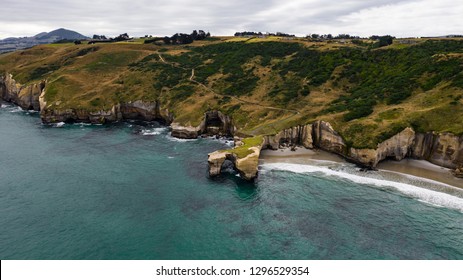 Aerial Photography Of Tunnel Beach In New Zealand, DUNEDIN, NEW ZEALAND Tunnel Beach, Dunedin, South Island Of New Zealand, Amazing Coast Line From Above With A Drone, Cliff Formations At Tunnel Beach