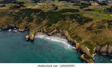 Aerial Photography Of Tunnel Beach In New Zealand, DUNEDIN, NEW ZEALAND Tunnel Beach, Dunedin, South Island Of New Zealand, Amazing Coast Line From Above With A Drone, Cliff Formations At Tunnel Beach