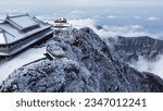 Aerial photography of winter cloud sea and snow scenery in Mount Emei, Sichuan