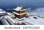 Aerial photography of winter cloud sea and snow scenery in Mount Emei, Sichuan