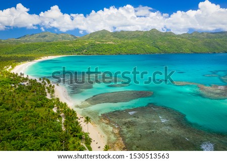 Aerial photography of wonderful tropical panorama of Rincon bay.Samana peninsula,Rincon beach,Dominican Republic.