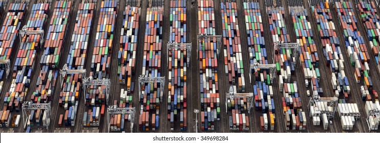 Aerial picture of containers in the harbour of Rotterdam with lot's of different colors