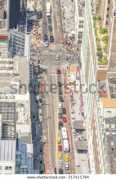 Aerial picture of street in Manhattan, New York City\
downtown, USA.