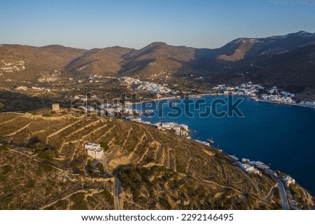 Aerial picture of the village and the bay of Katapola and a ancient ruins on the island of Amorgos in the Cyclades in Greece