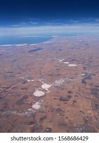 Aerial Picture Of White Dry Billabong In The Middle Of The Red Dirt Of Western Australia.