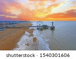 Aerial from the Pier from Scheveningen in the Netherlands at sunset