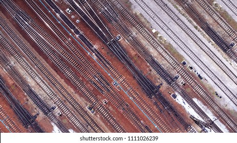 Aerial. Railway, Railroad Track. Top View From Drone.